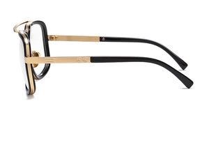Detail view of large square black and gold sunglasses with metallic temples on white