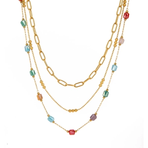 Three-layer gold stainless steel necklace with paperclip chain and colorful crystals