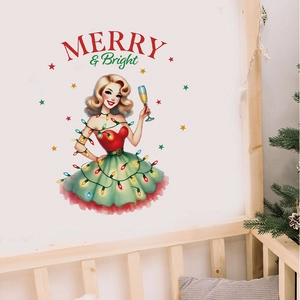 Vintage Christmas wall decal featuring a retro girl illustration and Merry and Bright text