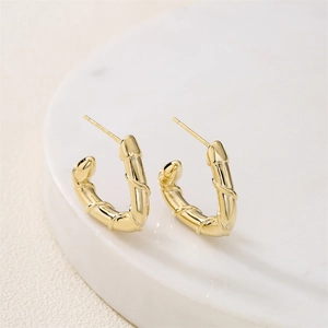 C-Shaped Hoop Earrings With 925 Sterling Silver Earring Post 14K Gold Plated Copper Geometric Bamboo Texture For Women