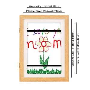 Front view of wood frame with detailed dimensions for mat opening and plastic cover