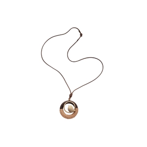 Handmade wood and woven pendant necklace with a golden ring and small white bird sculpture