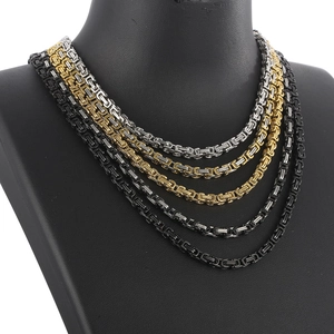 Multiple colors of 4mm stainless steel Byzantine chains shown on a black neck model