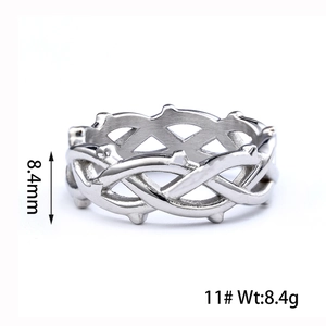 Detail view of 8.4mm steel celtic knot ring showing woven texture and size dimensions