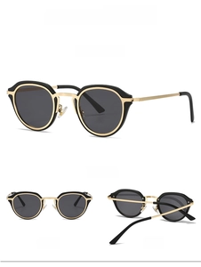 Detailed multi-angle view of oval gold and black metal sunglasses with side and front shots