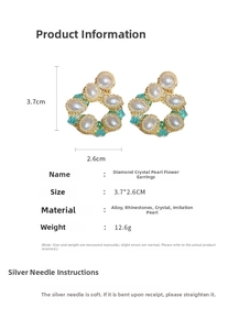 Detailed view of floral crystal earrings with pearls and size labels 3.7x2.6cm