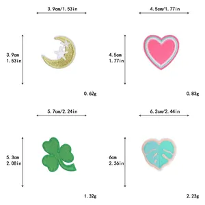 Detailed size parameters for moon, heart, and clover embroidered iron-on patches