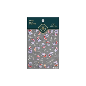 Colorful koi carp nail art stickers with traditional Chinese calligraphy and wave patterns