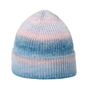 Detailed view of ombre knit beanie with soft rainbow gradient and ribbed texture design