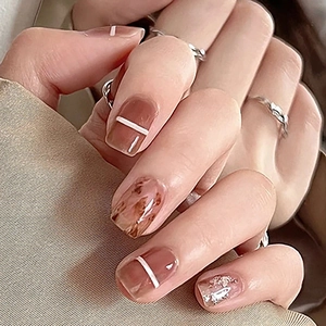 Short Press On Nails Amber Brown Marble Pattern White Lines Glossy Artificial False Nails For Women Manicure Art