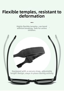 Detail of flexible black silicone baby sunglasses with adjustable safety strap and soft frame