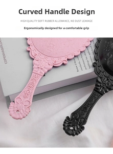 Detailed view of vintage embossed floral patterns on ergonomic handheld makeup mirror handle