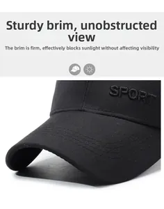 Detail of black cotton canvas baseball cap with 3D SPORT embroidery and twill texture