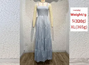 Detail view of light blue striped summer dress showing smocked chest and tiered skirt design