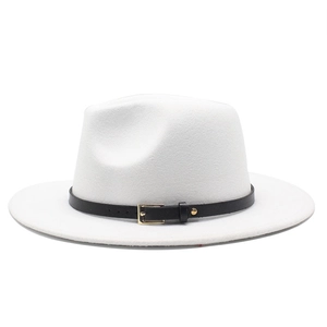 Detail of white wool fedora hat featuring a black faux leather belt and gold buckle