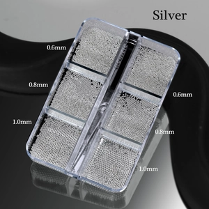 6-grid box with silver nail art steel micro beads in sizes 0.6mm, 0.8mm and 1.0mm