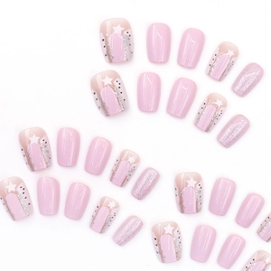 Pink and white star press-on nails with silver glitter and polka dots in 30pcs set
