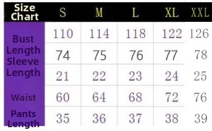 Size chart showing bust, length, and waist measurements for printed shirt and shorts set