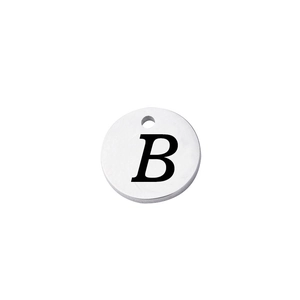 Polished silver stainless steel round pendant featuring a black uppercase letter B