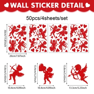 50pcs Red Glitter Cupid and Heart Wall Stickers for Valentines Day Room Decor