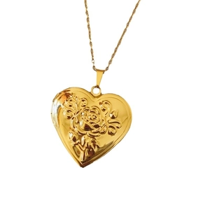 Golden heart locket necklace with embossed rose flower design and fine link chain