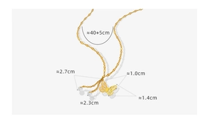 Detail view of gold butterfly pendant necklace with zircon tassels and size measurements