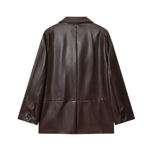 Back view of classic dark brown leather effect blazer with tailored stitching and button cuffs