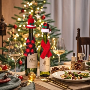 Christmas wine bottle decoration set with mini scarves and hats in festive dining scene