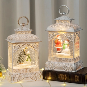 Vintage Christmas lanterns with Santa and snowman scenes, warm LED light and swirling glitter