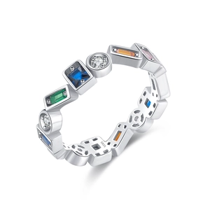 Rainbow gemstone S925 sterling silver ring with colorful geometric stones in a 45-degree view