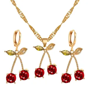 Parure De Bijoux Collier Boucles Oreilles Pendentif Cerise Cuivre Zircon Rouge Cristal Vert Doux Mignon Mariage Femmes