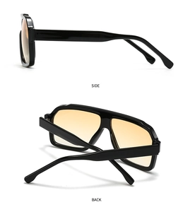 Detailed side and back views of oversized square sunglasses with orange gradient lenses