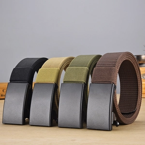 Close-up of durable nylon tactical belts with matte black automatic buckles in various colors