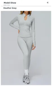 Heather grey sports set with zip jacket and high-waisted leggings in macro texture detail