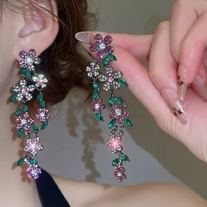Flower Leaf Tassel Drop Earrings Alloy Rhinestone With 925 Sterling Silver Earring Post Vintage Palace Elegant Luxury