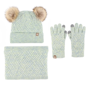 Ensemble d'hiver en tricot pour enfants avec bonnet à pompons vert clair, écharpe et gants