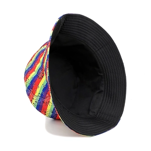 Rainbow striped bucket hat with paisley pattern and black interior lining for outdoor