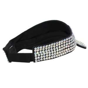 Detail of rhinestone sun visor showing iridescent crystals and black elastic strap