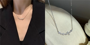 Detailed view of silver star necklace with zircons and model wearing fashion jewelry