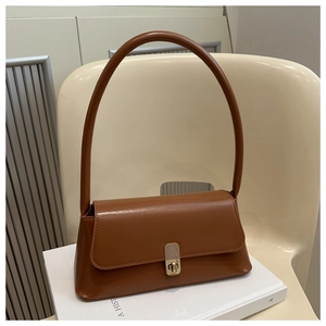 Detailed view of the brown leather handbag with metal buckle and top handle