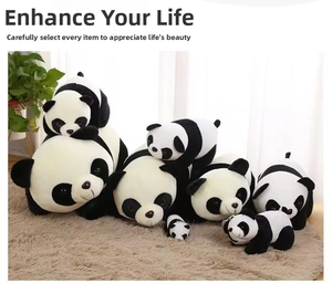 Macro display of assorted plush panda toys in various sizes on a soft beige carpet