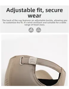 Detailed view of the adjustable metal buckle and crown logo strap on the khaki sports cap