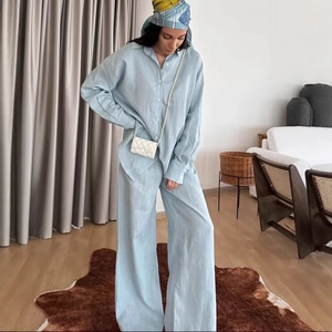 Women Casual Shirt And Wide Leg Pants Long Sleeve Lapel Loose Solid Color Light Blue Linen Texture