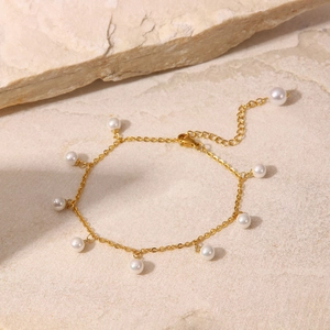 French style 18K gold stainless steel anklet with white pearl charms and tassel accents