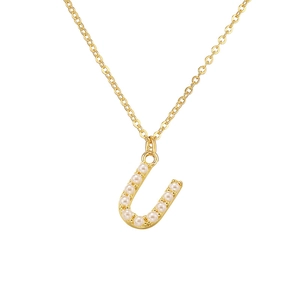 Detailed view of a gold letter U pendant necklace with elegant pearl inlay accents