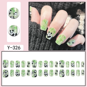 30pcs Cat Eye Press-on Nails with Cute Panda and Bamboo Design in Green Color
