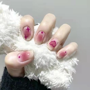Sweet Press On Nails Pink Purple Blush Gradient Heart Star Pattern Short Round ABS Plastic Removable False Nails With Glue