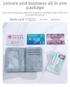 Macro view of blue slim card wallet showing transparent ID window and three card slots