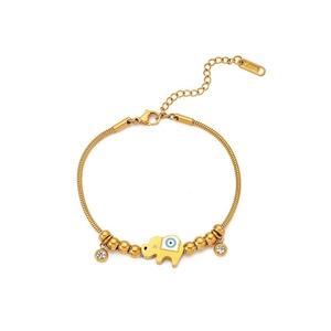 Bohemian gold stainless steel bracelet with elephant charm and evil eye bead details