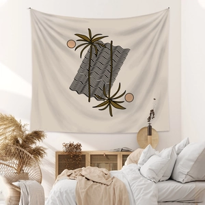 Detailed view of bohemian wall tapestry with abstract palm tree and wave art on a beige canvas